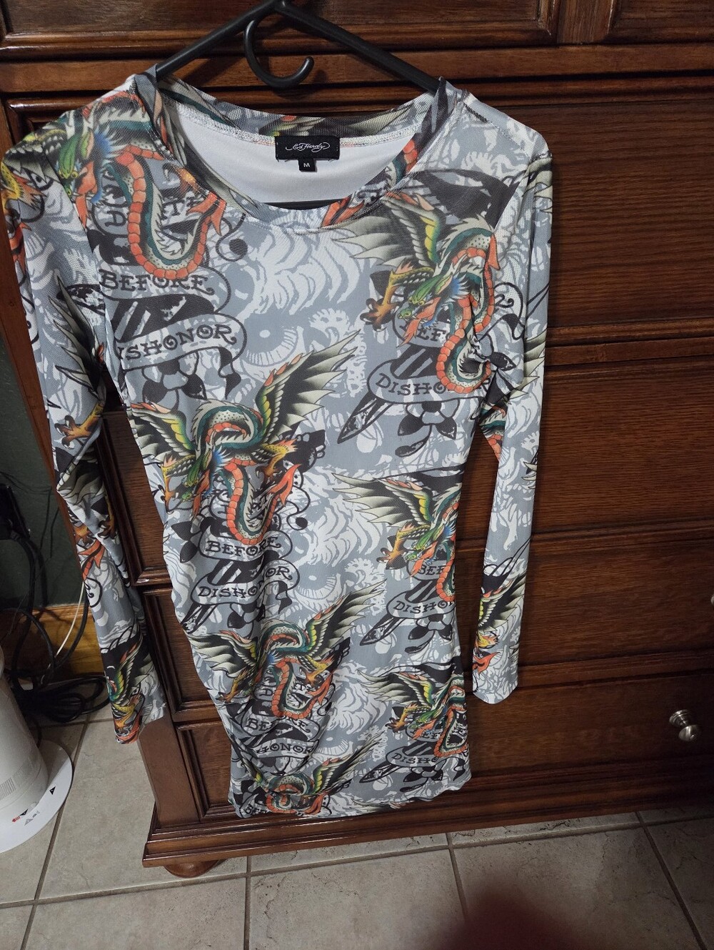 Ed Hardy Gray Dress with Orange & Green Dragon Print